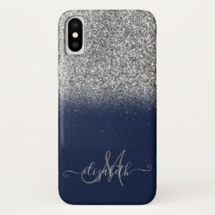 Elegant Glitter Ombre Silver Monogram Navy Blue Case-Mate iPhone Case