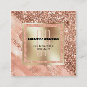Elegant glitter peach gold nail technician beauty square business card