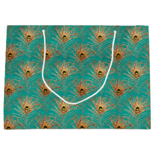 Elegant Glitter Peacock Feathers Pattern  Large Gift Bag