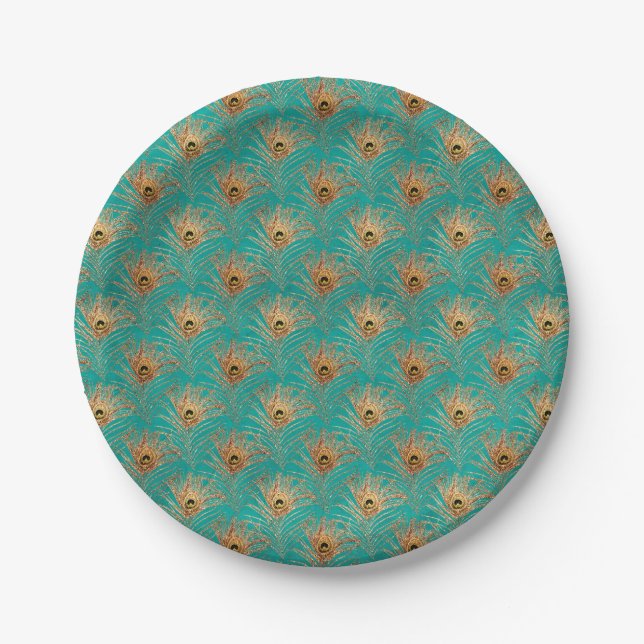 Elegant Glitter Peacock Feathers Pattern  Paper Plate (Front)