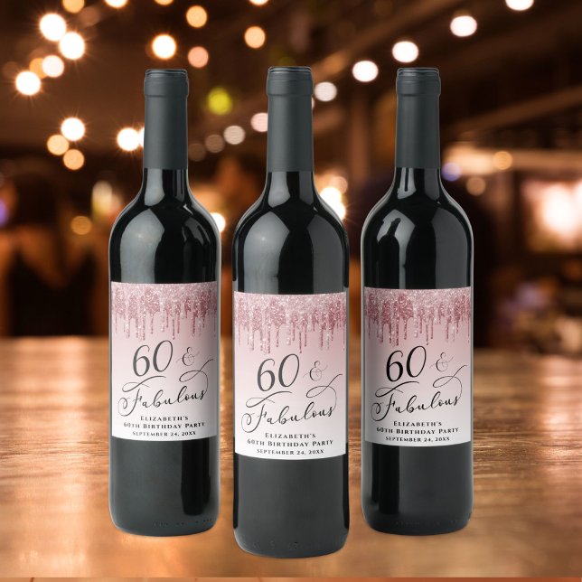 Elegant Glitter Pink 60th Birthday Party  Wine Label (Creator Uploaded)