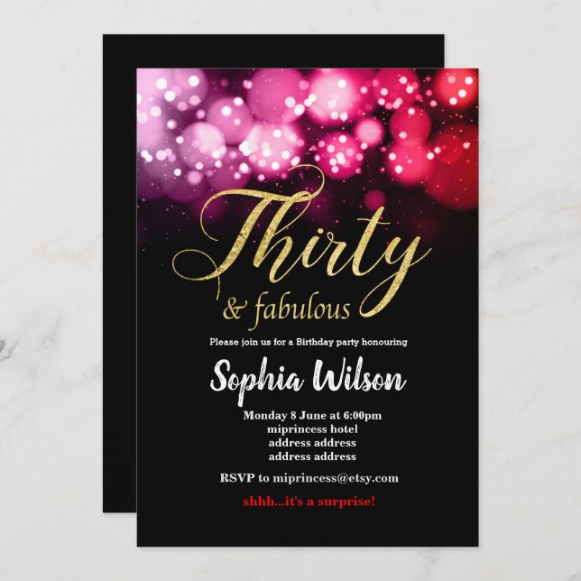 elegant glitter pink red birthday invitation (Front/Back)