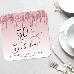 Elegant Glitter Pink Rose Gold 50th Birthday Party Square Paper Coaster