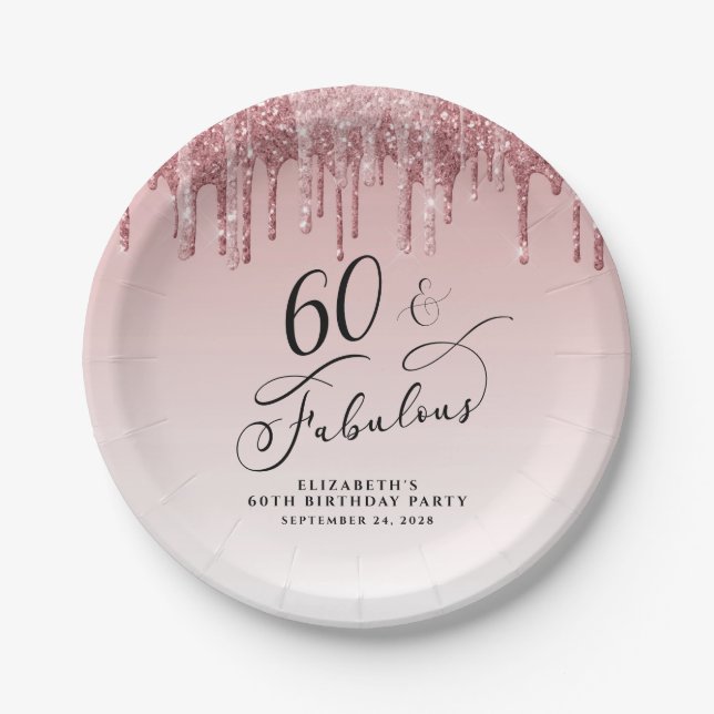 Elegant Glitter Pink Rose Gold 60th Birthday Party Paper Plate (Front)