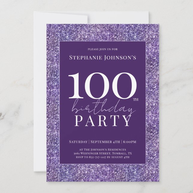 Elegant Glitter Purple 100th Birthday Party Invitation (Front)