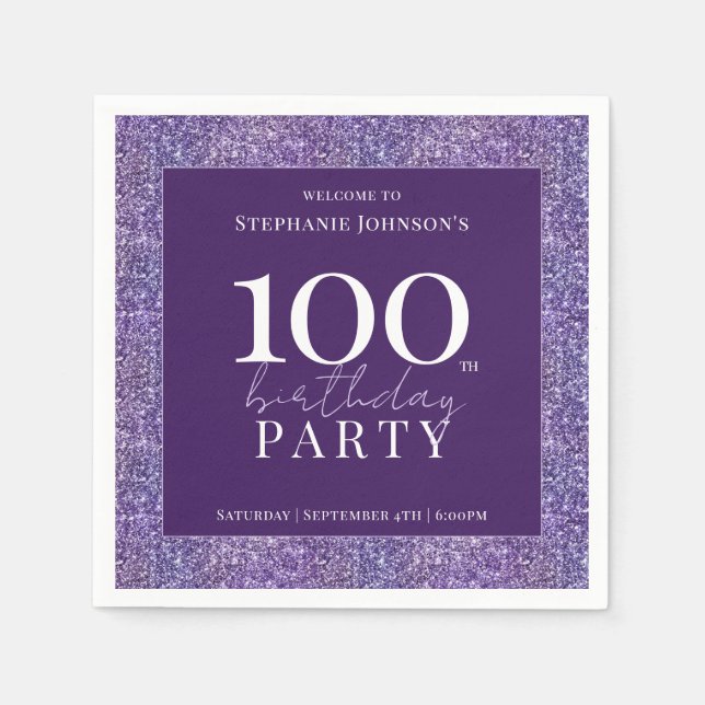 Elegant Glitter Purple 100th Birthday Party Napkin (Front)