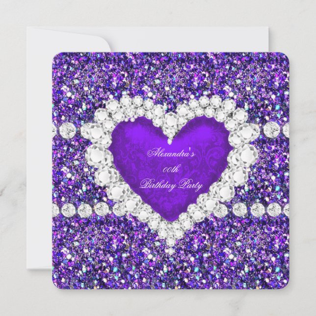 Elegant Glitter Purple Heart Birthday Party Invitation (Front)