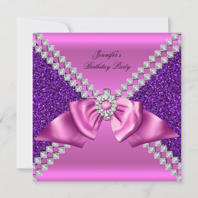 Elegant Glitter Purple Pink Diamond Bow Birthday Invitation (Front)