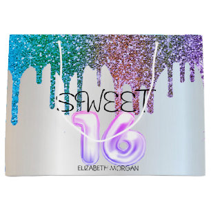 Elegant Glitter Rainbow Drips Silver  Sweet 16 Large Gift Bag