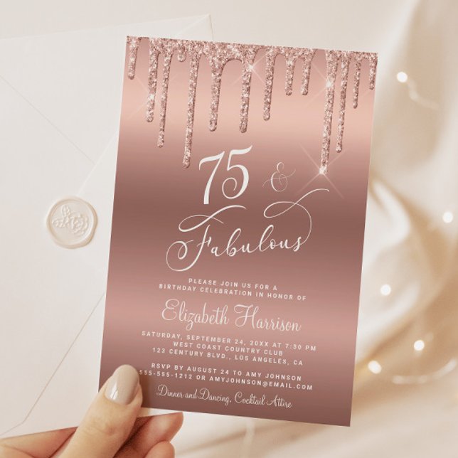  Elegant Glitter Rose Gold 75th Birthday Party Invitation (Celebrate her 75 years of sparkle with an elegant rose gold glitter birthday party invitation)