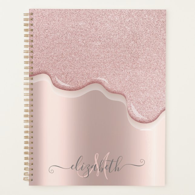 Elegant Glitter Rose Gold Drips Monogram Planner (Front)