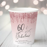 Elegant Glitter Rose Gold Pink 60th Birthday Party Paper Cups<br><div class="desc">Elegant and chic personalised 60th birthday party paper cups featuring "60 & Fabulous" written in a stylish script against a pink ombre background,  with pink and rose gold faux glitter dripping from the top. Personalise with her name and date of the party.</div>