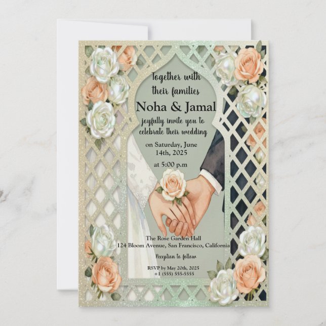Elegant Glitter Roses Arch Romantic Couple Hands Invitation (Front)
