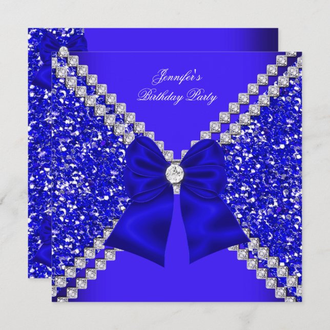 Elegant Glitter Royal Blue Diamonds Birthday Party Invitation (Front/Back)