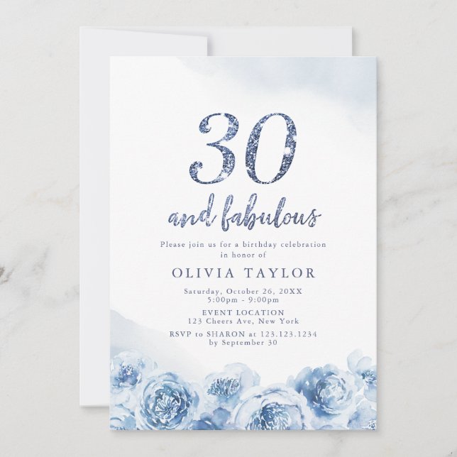 Elegant glitter script blue floral 30th birthday invitation (Front)