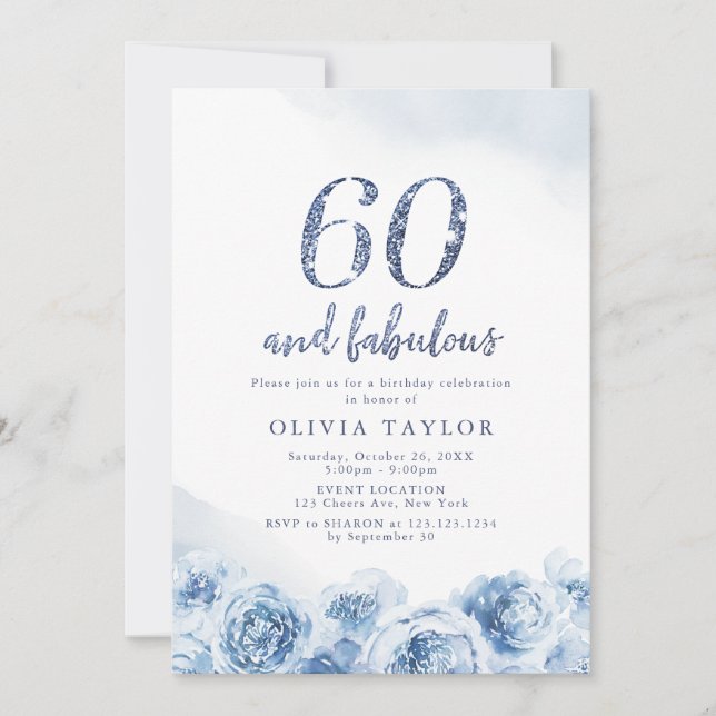 Elegant glitter script blue floral 60th birthday invitation (Front)