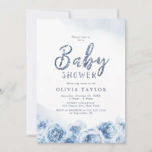 Elegant glitter script blue floral baby shower invitation