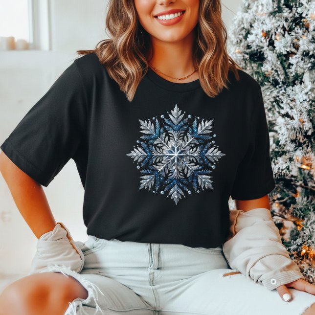 Elegant Glitter Snowflake Christmas  Tri-Blend Shirt (Elegant blue & silver snowflake Christmas shirt, festive sparkle look (not real glitter).)