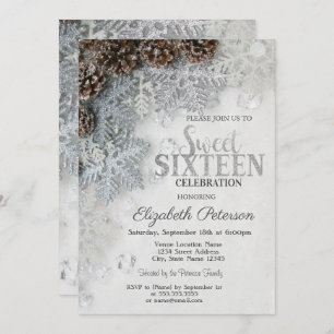Elegant Glitter Snowflakes Pine Cones Sweet 16 Invitation