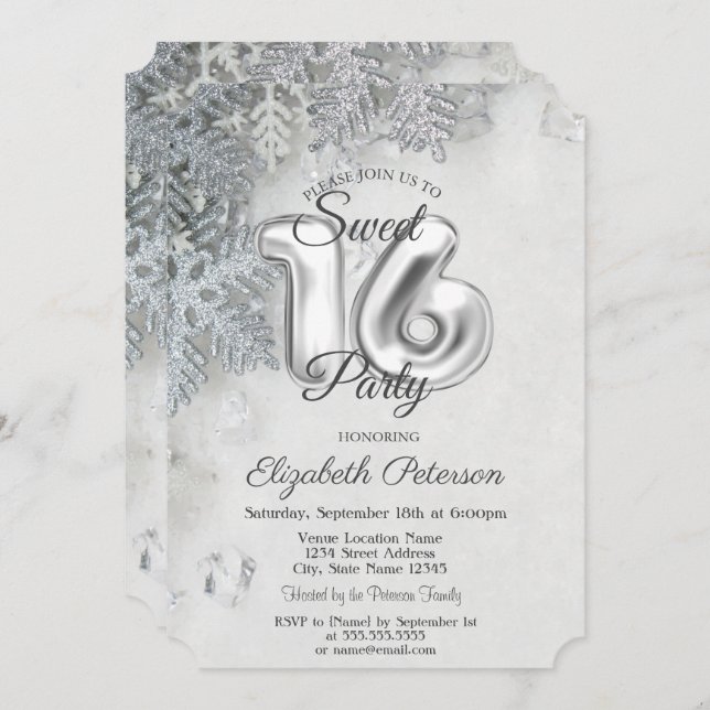 Elegant Glitter Snowflakes Sweet 16  Invitation (Front/Back)