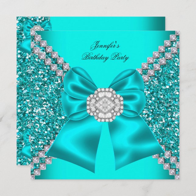 Elegant Glitter Teal Blue Diamonds Birthday Party Invitation (Front/Back)