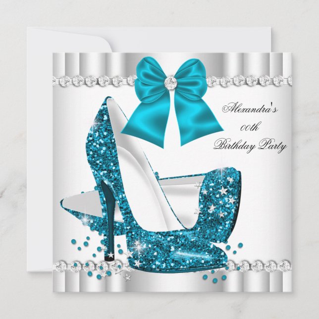 Elegant Glitter Teal Blue Glamour High Heels White Invitation (Front)