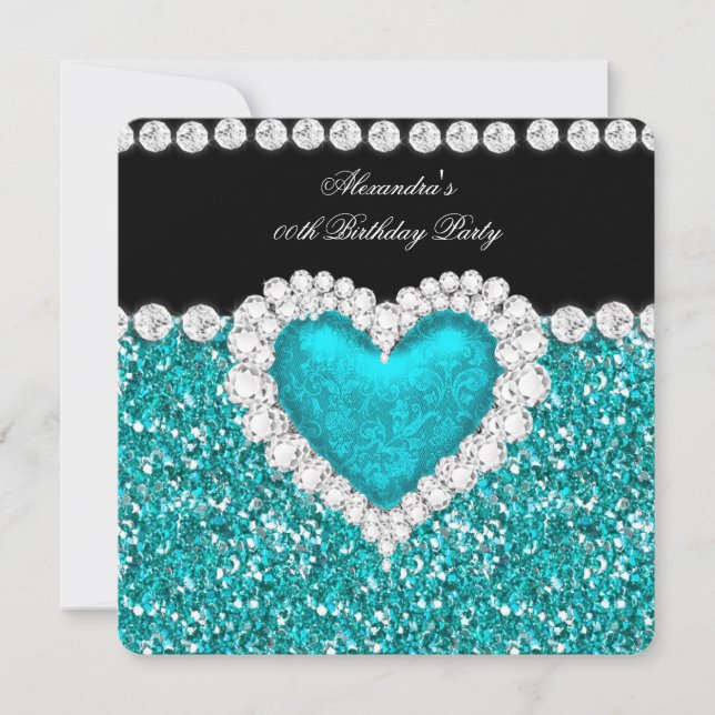 Elegant Glitter Teal Blue Heart Birthday Party Invitation (Front)