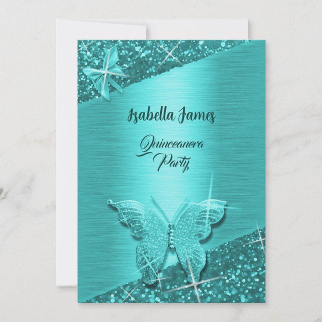 elegant glitter turquoise foil sparkle Butterfly Invitation (Front)