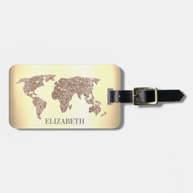 Elegant Glitter World Map Travel Luggage Tag (Front Horizontal)