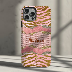 Elegant glittery blush rose animal print monogram iPhone 13 case