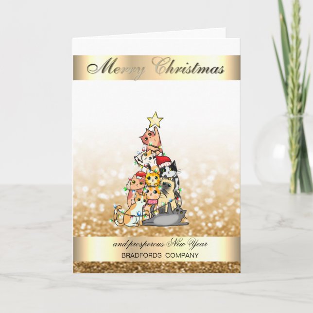 Elegant Glittery Bokeh Christmas Tree Cats Holiday Card (Front)