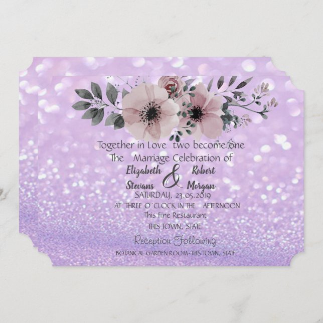 Elegant Glittery Bokeh Floral Wedding Invitation (Front/Back)
