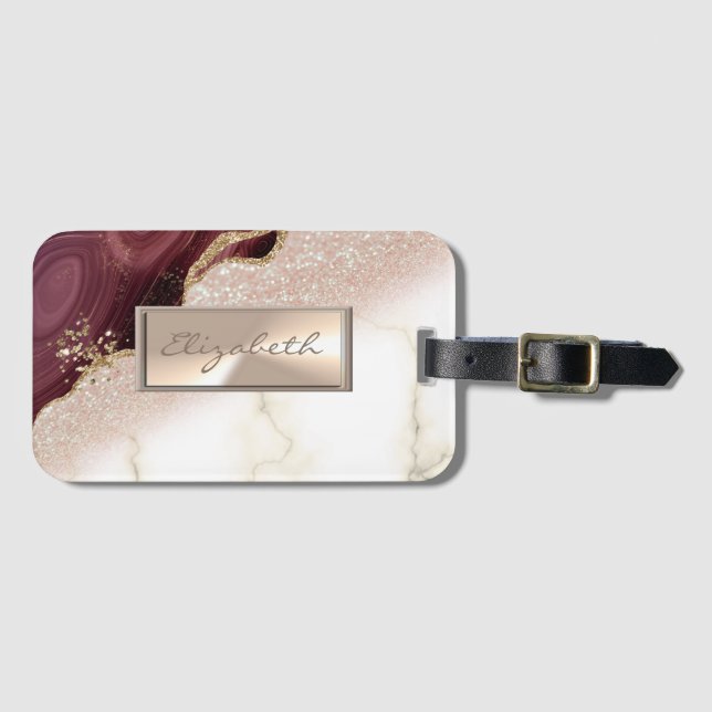 Elegant Glittery Bokeh Ombre,Burgundy Marble Luggage Tag (Front Horizontal)