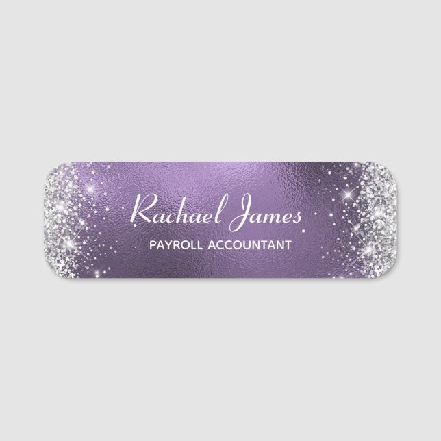 Elegant Glittery Purple Foil Name Tag (Front)