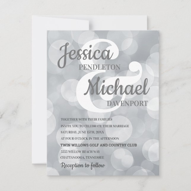 Elegant Glittery Silver Bokeh Wedding Invitation (Front)