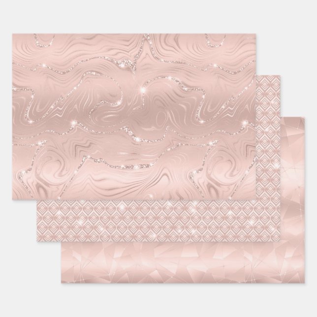 Elegant Glitzy Blush Pink Silver Marble Diamond Wrapping Paper Sheet (Set)