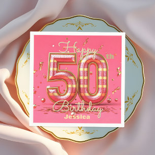 Elegant Glitzy Striped Pink & Gold 50th Birthday Napkin