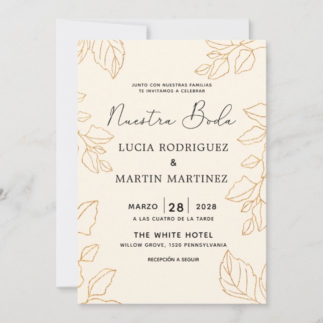 Elegant Glod Leaf Cream Spanish Nuestra Boda Invitation (Front)