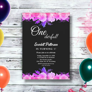 Elegant Glow Roses Neon Floral 1st Birthday Invitation