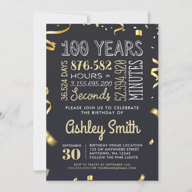 Elegant Gold 100th Birthday Invitation - 100 Years (Front)