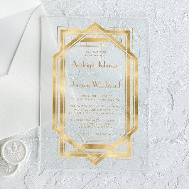 Elegant Gold 1920s Deco Frame Wedding Acrylic Invitations (Creator Uploaded)