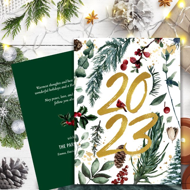 Elegant Gold 2023 Festive Pine Greenery Red Floral Holiday Card (Creator Uploaded)