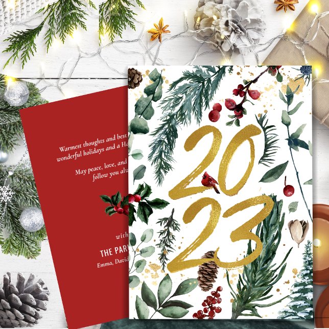 Elegant Gold 2023 Festive Pine Greenery Red Floral Holiday Card (Creator Uploaded)