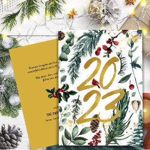 Elegant Gold 2023 Festive Pine Greenery Red Floral Holiday Card