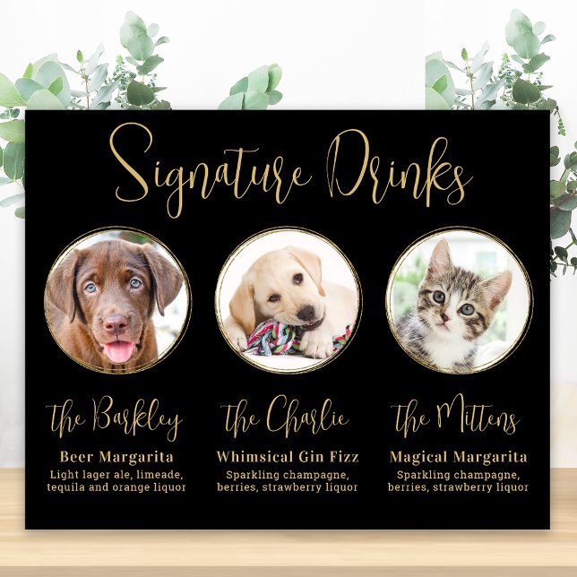 Elegant Gold 3 Photo Pet Wedding Signature Drinks  Poster (Creator Uploaded)