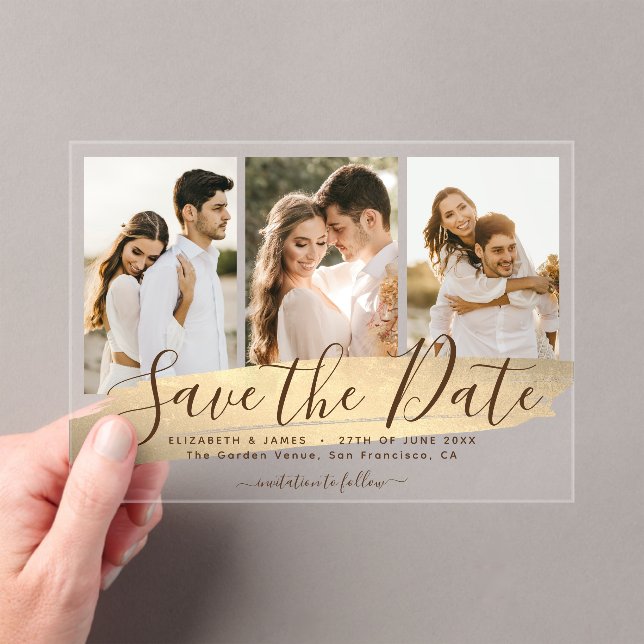 Elegant Gold 3 Photo Wedding Save The Date Acrylic Invitations (Insitu (Handheld))