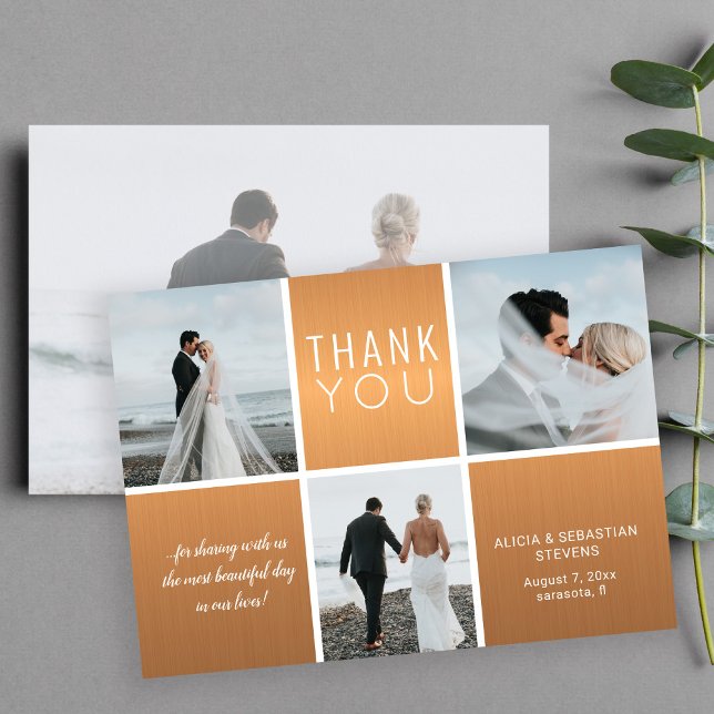 Elegant gold 4 photo collage modern wedding thank you card (Creator Uploaded)