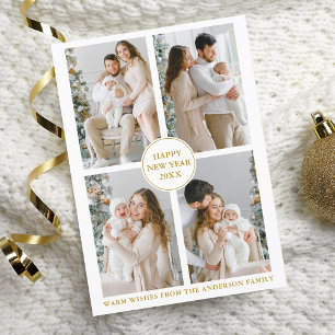 Elegant Gold 4 Photo Happy New Year Holiday Card