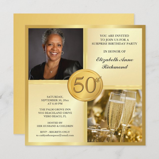 Elegant Gold 50th Birthday Party Photo Invitations (Front/Back)