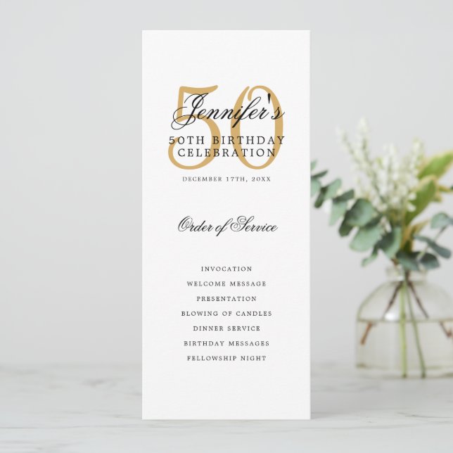 Elegant Gold 50th Birthday Party Program w/ Menu Invitation (Standing Front)